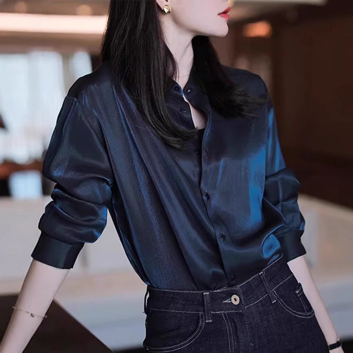 Ladies Elegant Satin Blouse with Stand-Up Collar Drune
