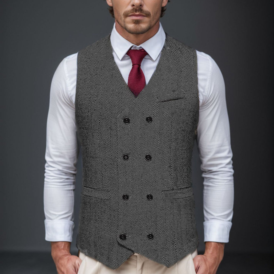 Men's Double-Breasted Herringbone Vest with Suit Look and V-Neck Mune Fashion