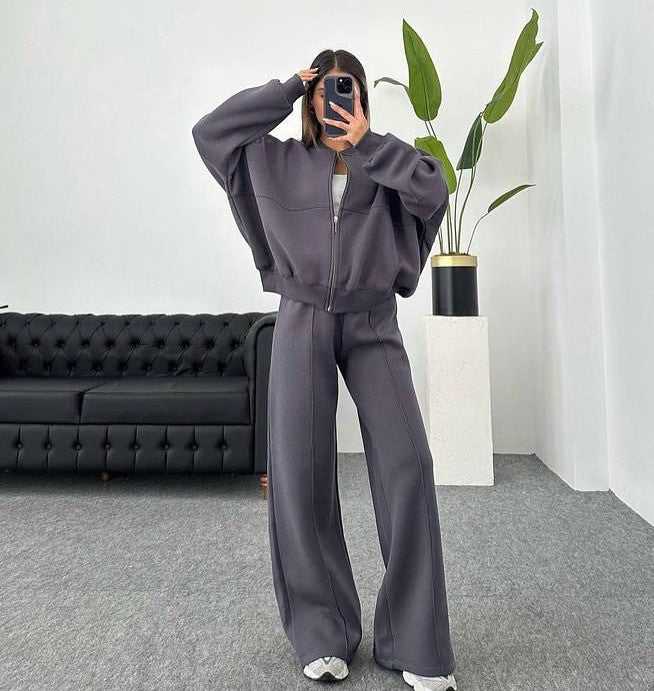 Women's oversized zip-up jacket with wide high-waist lounge pants set Mune Fashion