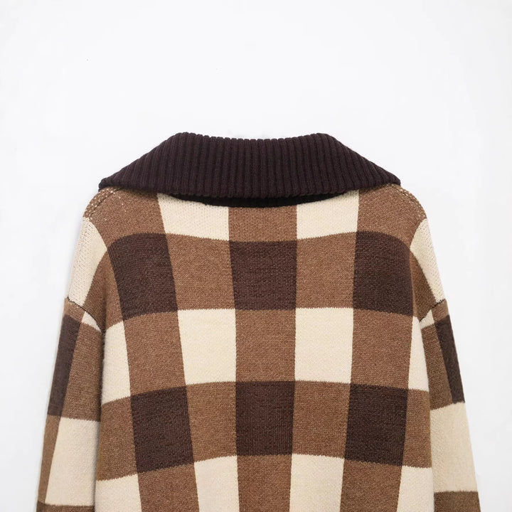 Women Checkered Knitted Cropped Cardigan with Zipper and Wide Ribbed Collar Mune Fashion