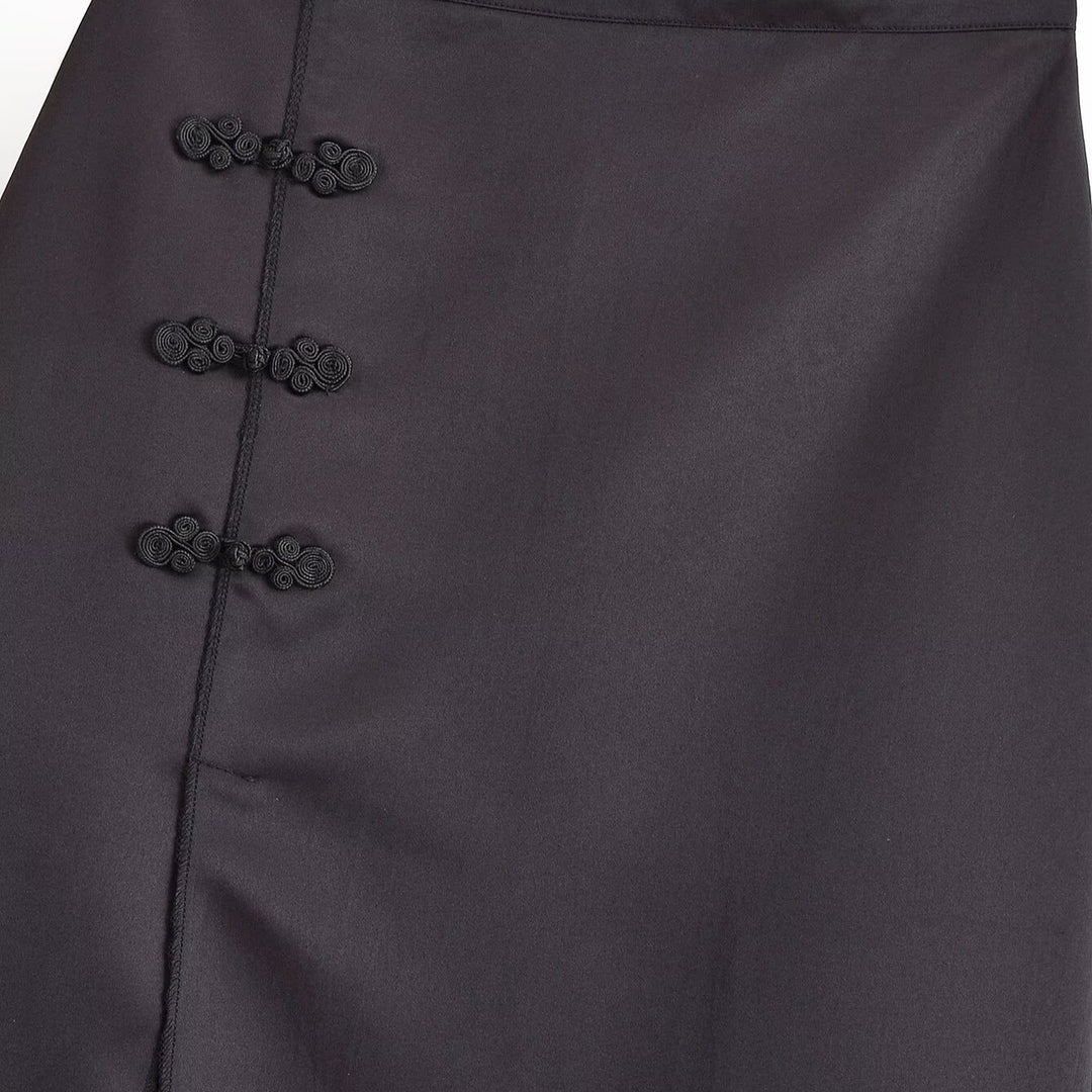 Women Satin Midi Skirt with High Waist, Side Slit and Decorative Frog Closures Mune Fashion
