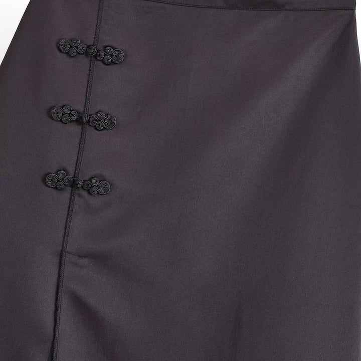Women Satin Midi Skirt with High Waist, Side Slit and Decorative Frog Closures Mune Fashion