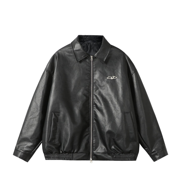 Ladies Oversize Smooth Leather Look Blouson Jacket with Elastic Hem and Metal Logo Mune Fashion