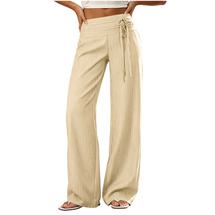 Women Wide High-Waist Palazzo Pants with Striped Pattern and Tie Belt Mune Fashion