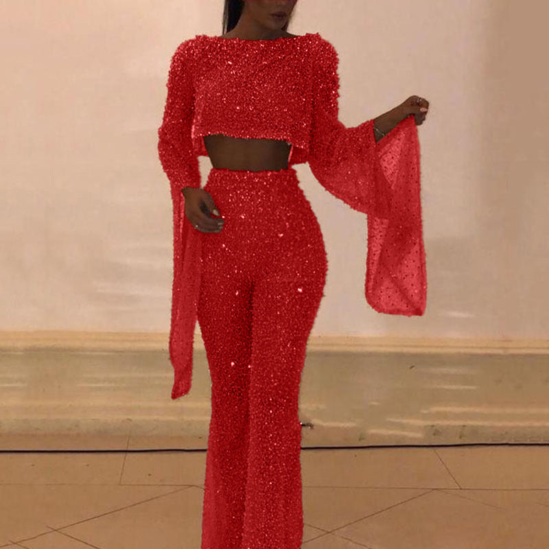 Women's Sparkling Two-Piece Set with Wide Leg and Long Sleeves Mune
