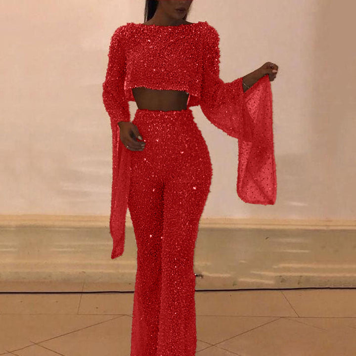 Women's Sparkling Two-Piece Set with Wide Leg and Long Sleeves Mune