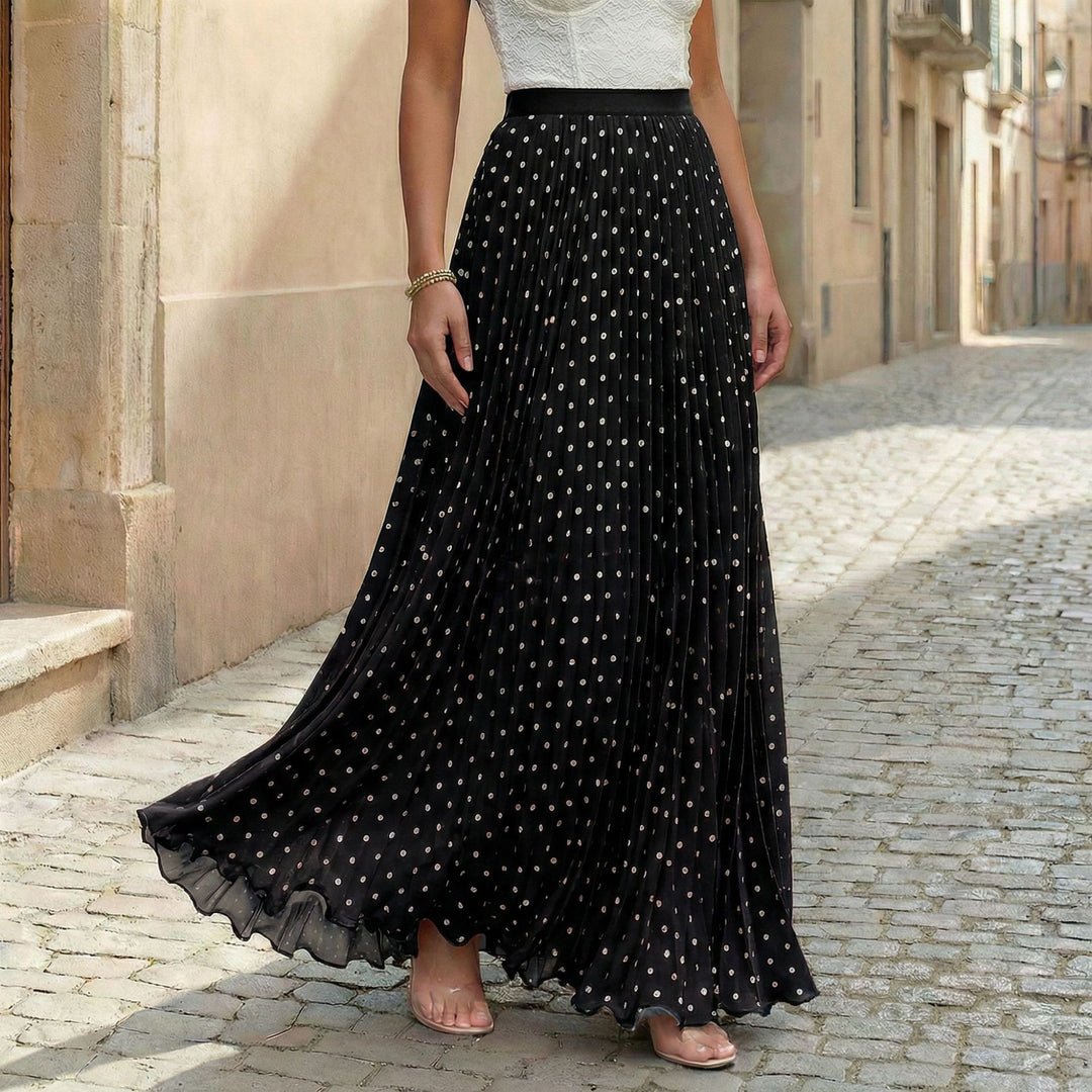 Women's pleated maxi skirt with polka dots, elastic waistband and voluminous drape Mune Fashion