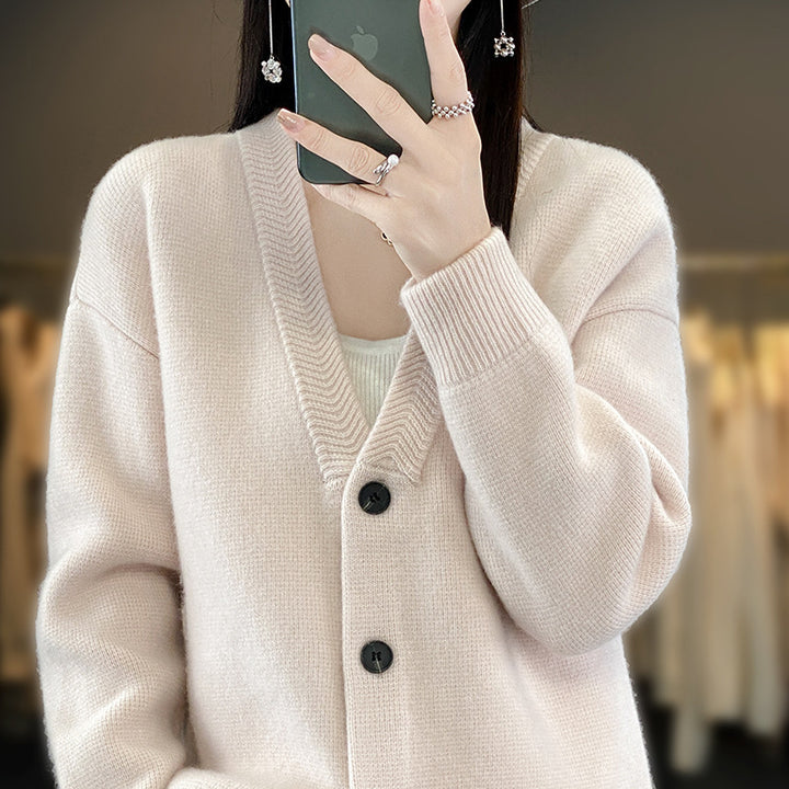 Ladies Soft Boxy Long Cardigan with Deep V-Neck and Fine Ribbed Edge