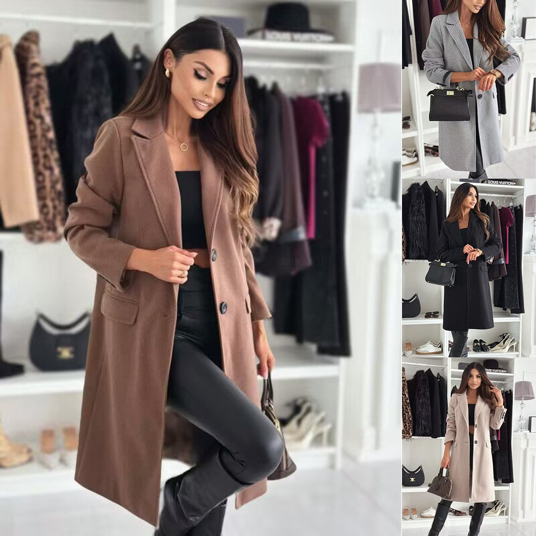 Women tailored knee-length wool blend classic coat with lapel collar and straight flap pockets Mune Fashion
