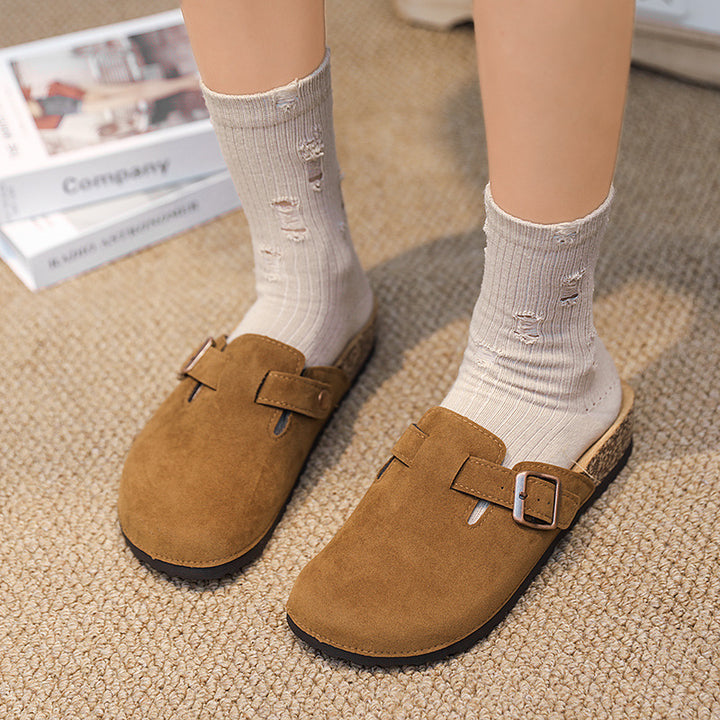Women's Comfortable Suede Slippers with Cork Molded Footbed and Adjustable Metal Buckle Mune Fashion