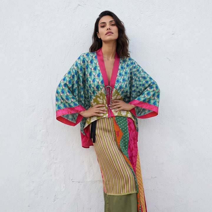 Women's Patchwork Kimono Top made of silk blend with deep V-neck and tie belt Mune Fashion