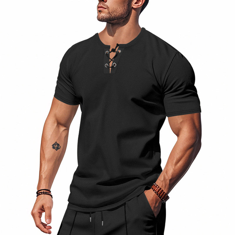 Men's short-sleeve shirt with lacing at the neckline and waffle texture Mune Fashion