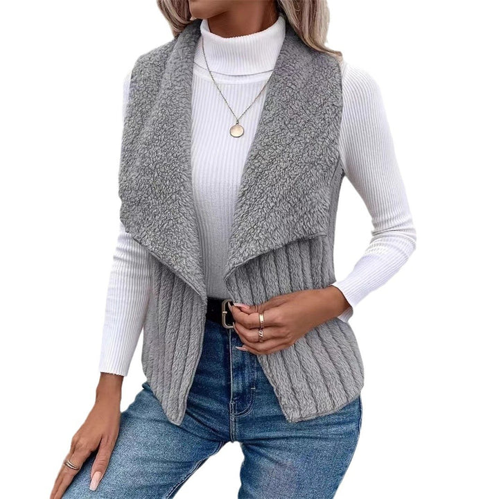 Women's cozy sleeveless teddy fleece vest with large shawl collar and textured ribbed look Mune Fashion