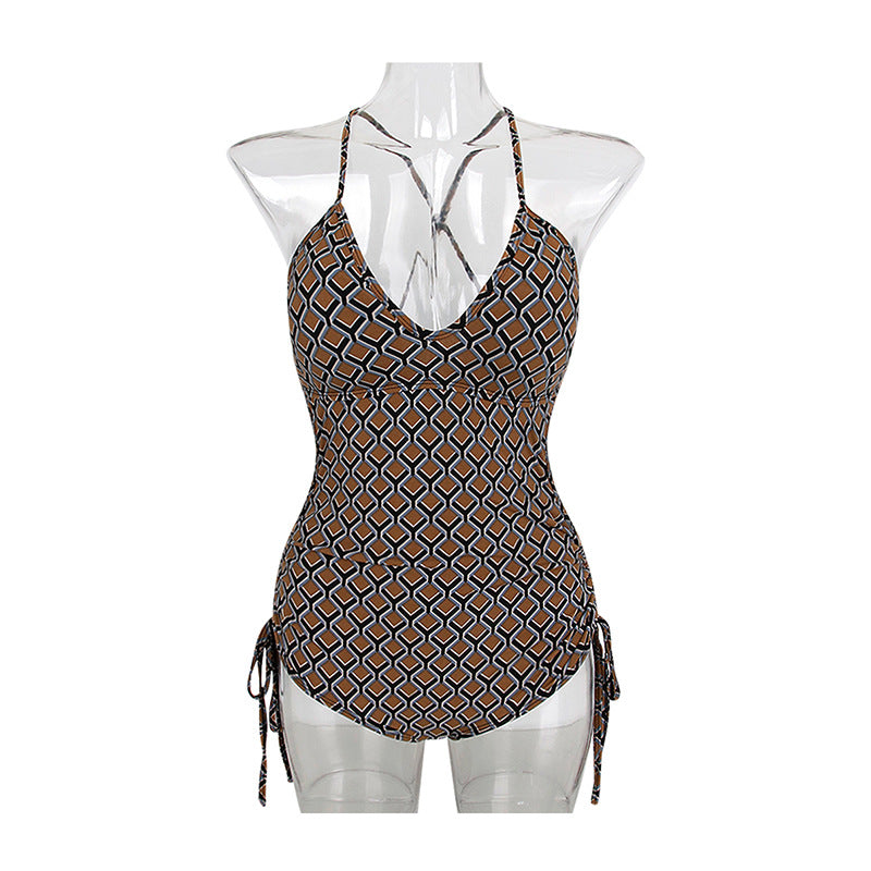 Women's One-Piece Swimsuit with Adjustable Lace Detail and Geometric Design Mune Fashion