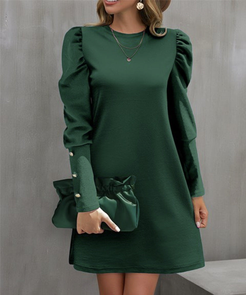 Ladies elegant A-line mini dress with gathered puff sleeves and decorative cufflinks Mune Fashion