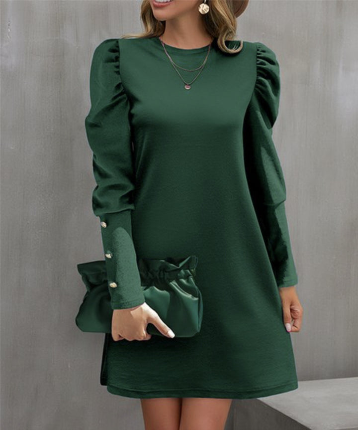 Ladies elegant A-line mini dress with gathered puff sleeves and decorative cufflinks Mune Fashion