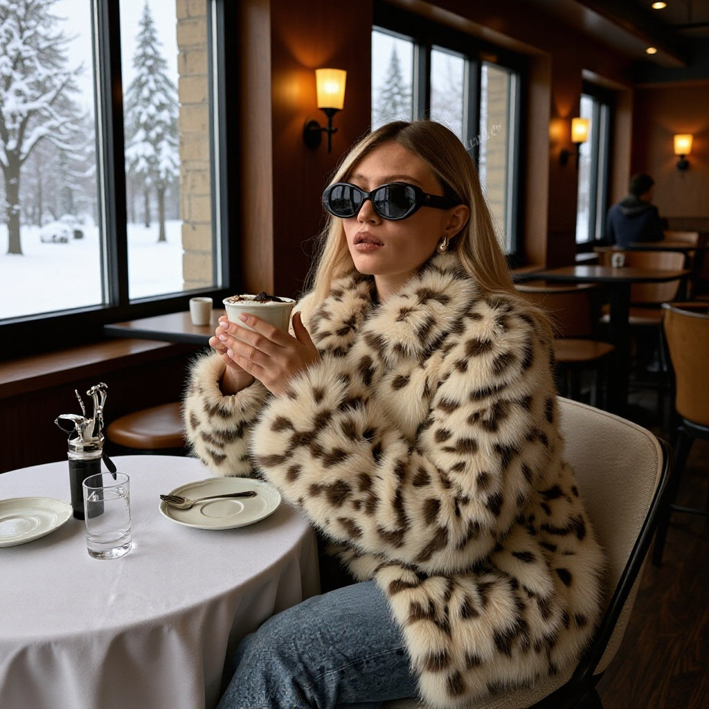 Women Short Cut Cozy Faux Fur Coat with Leopard Print and Stand-Up Collar Mune Fashion