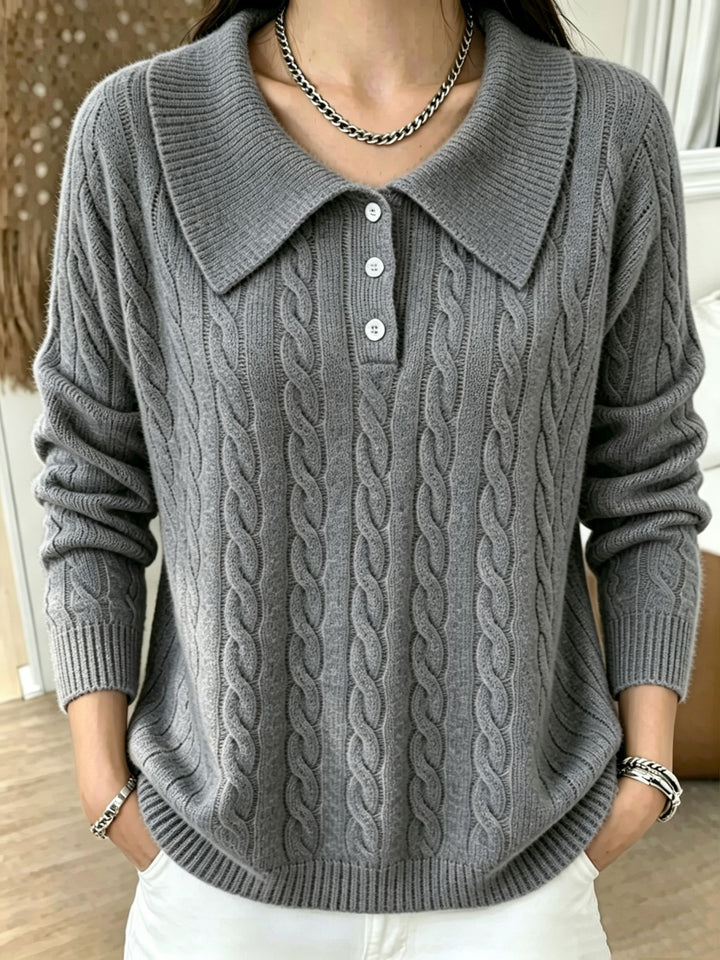 Women's cable knit polo sweater with large folded collar and relaxed silhouette Mune Fashion