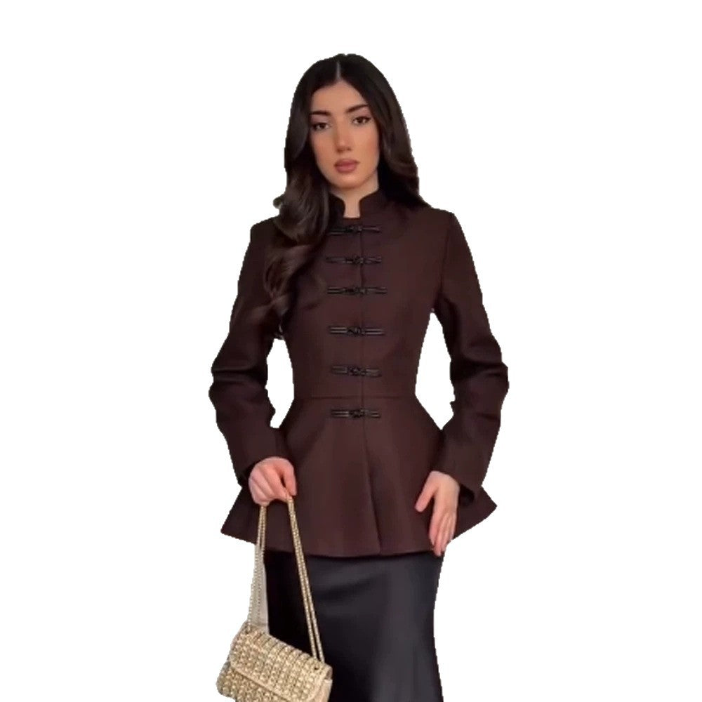 Women's Tailored Peplum Jacket with Stand Collar and Decorative Toggle Fasteners Mune Fashion