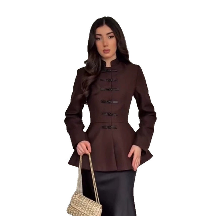 Women's Tailored Peplum Jacket with Stand Collar and Decorative Toggle Fasteners Mune Fashion
