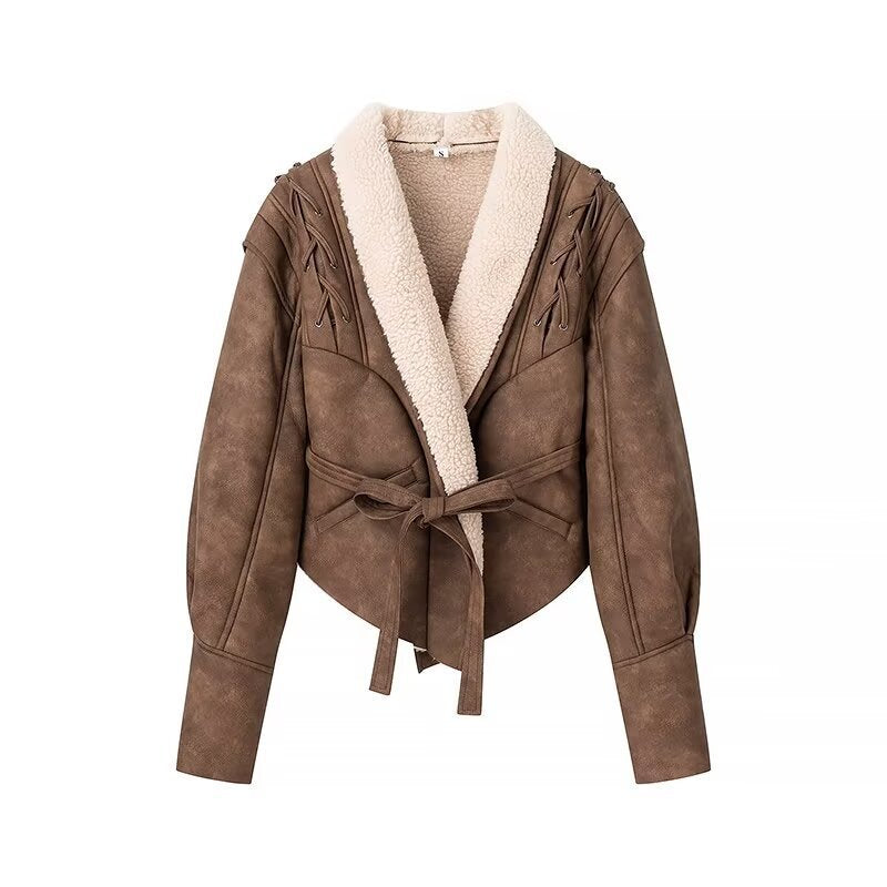 Ladies short jacket in aviator look with sherpa lining, tie belt and shoulder lacing Mune Fashion