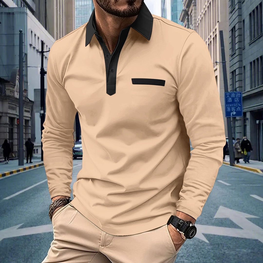 Men's long sleeve polo shirt with contrasting collar, concealed button placket, and decorative chest stripe Mune Fashion
