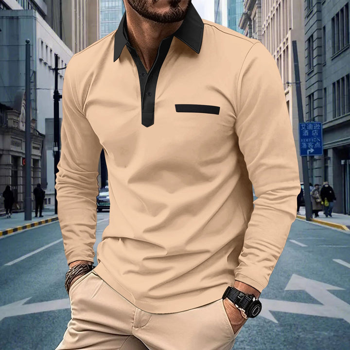 Men's long sleeve polo shirt with contrasting collar, concealed button placket, and decorative chest stripe Mune Fashion