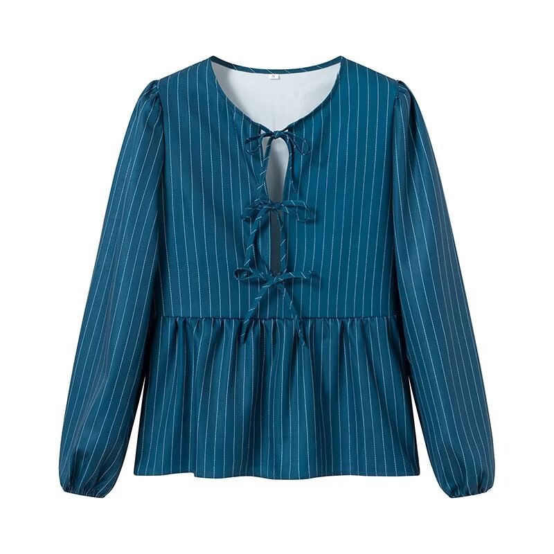 Women's Striped Peplum Blouse with Front Lacing and Long Balloon Sleeves Mune Fashion