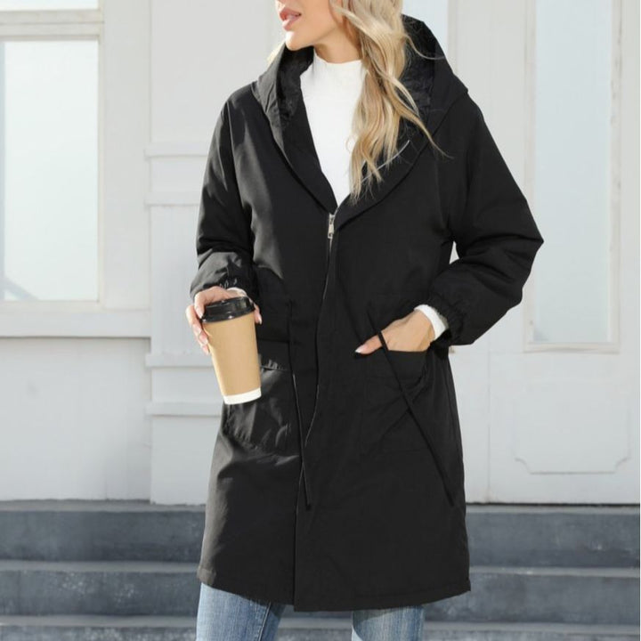Women Hooded Midi Parka with Drawstring, Zipper & Elastic Cuffs Mune Fashion