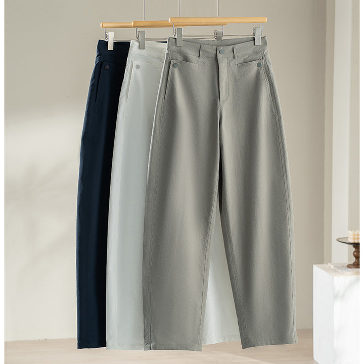 Women's high-waisted wide fabric trousers with straight leg, comfort waistband and side pockets Mune Fashion