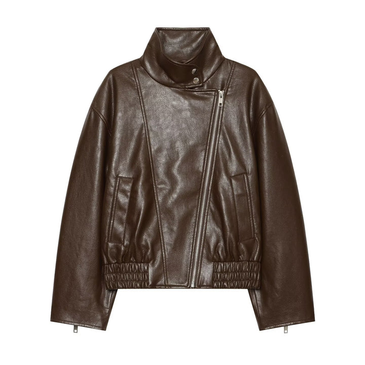 Women's Short Biker Blouson in Leather Look with High Funnel Collar Mune Fashion