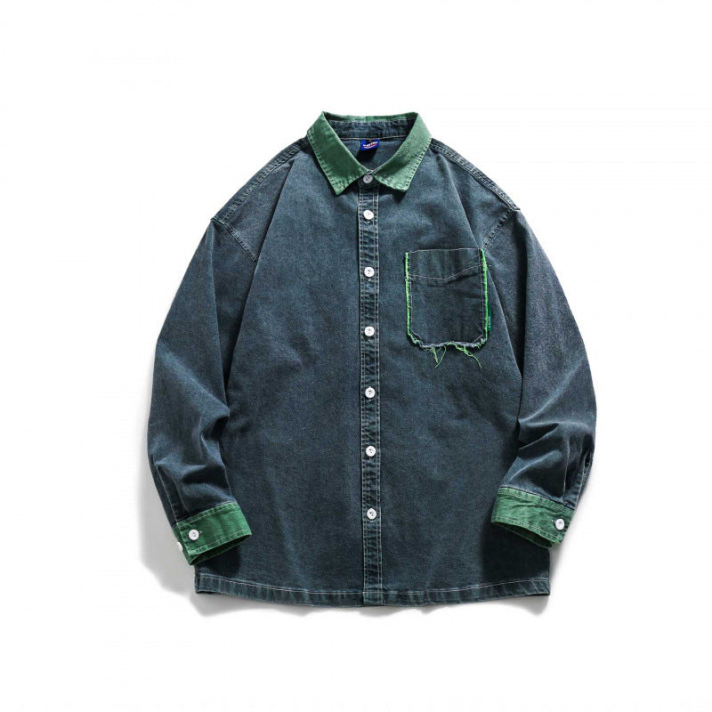 Men's Oversize Denim Shirt Jacket with Contrast Collar, Frayed Chest Pocket, and Casual Boxy Silhouette Mune Fashion