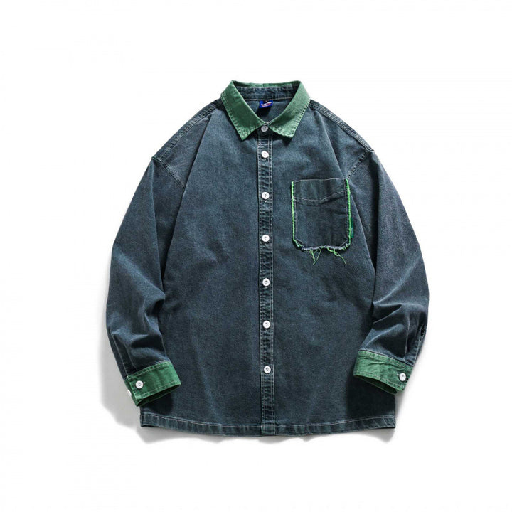 Men's Oversize Denim Shirt Jacket with Contrast Collar, Frayed Chest Pocket, and Casual Boxy Silhouette Mune Fashion