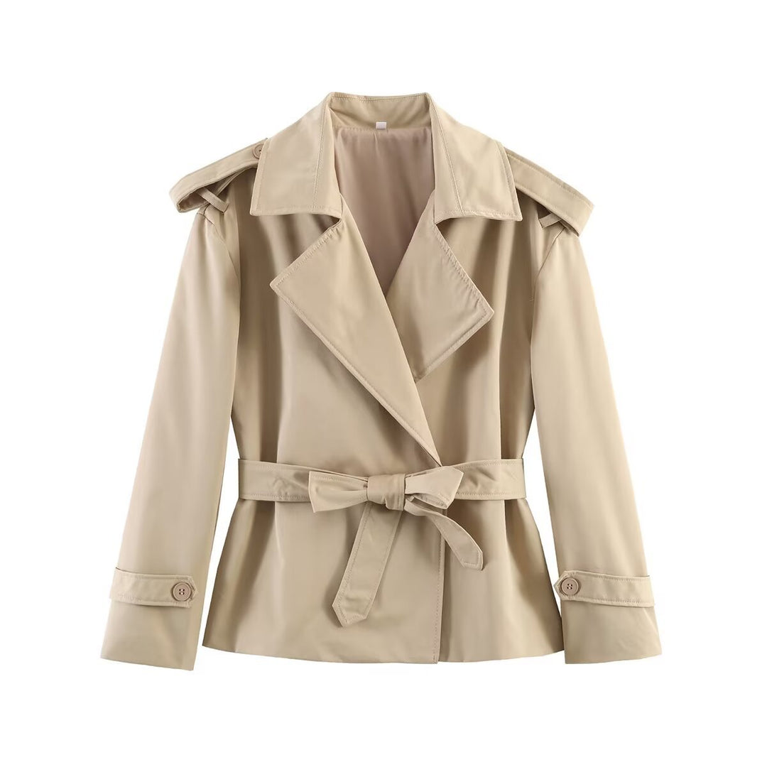 Women's Tailored Cropped Trench Coat with Wide Lapels, Belt and Epaulettes Mune Fashion