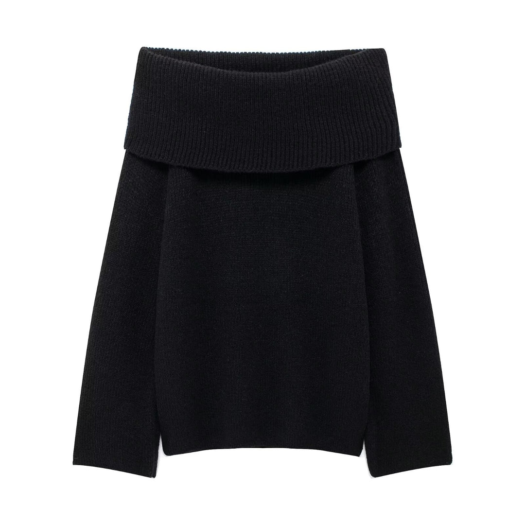 Women's Chunky Knit Oversized Sweater with Wide Fold-Over Collar Mune Fashion
