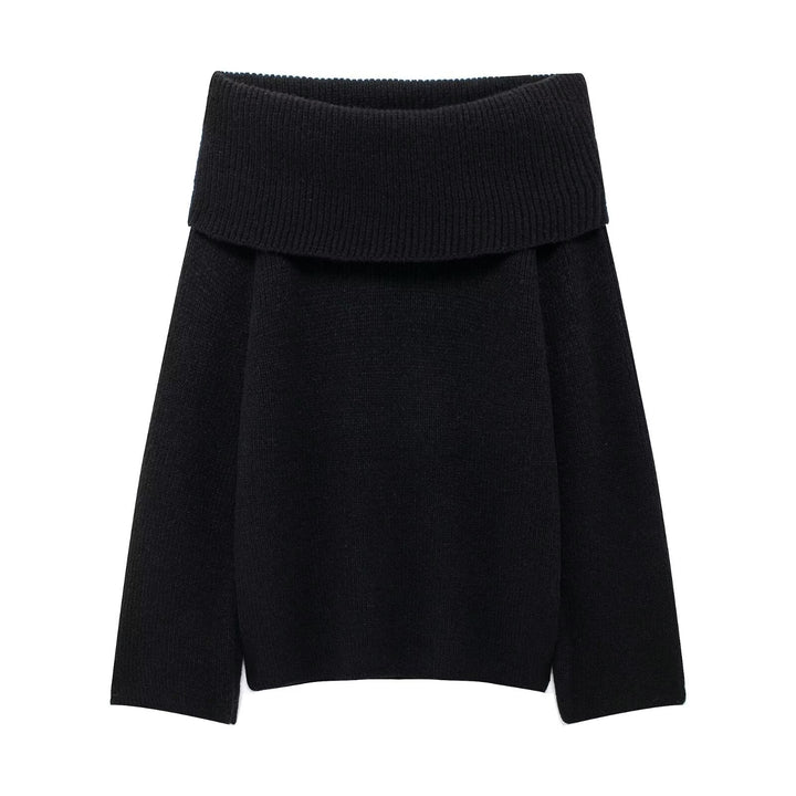 Women's Chunky Knit Oversized Sweater with Wide Fold-Over Collar Mune Fashion