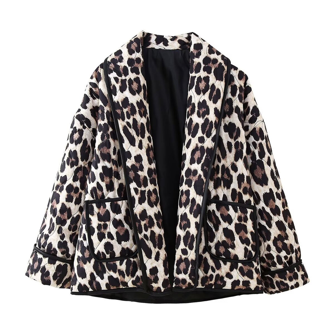 Women's Padded Kimono Jacket with Leopard Print, Oversized Cut and Patch Pockets Mune Fashion