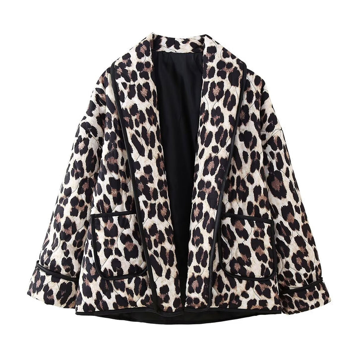 Women's Padded Kimono Jacket with Leopard Print, Oversized Cut and Patch Pockets Mune Fashion