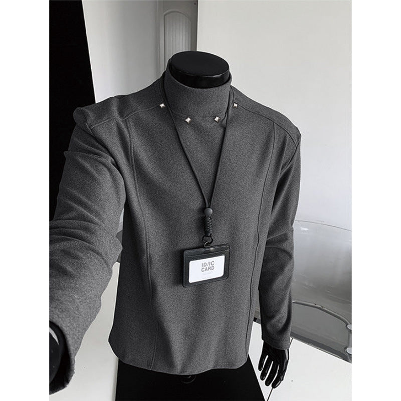 Men's Rollneck Fine Knit Shirt with Metal Studs at the Collar and Slim Silhouette Mune Fashion
