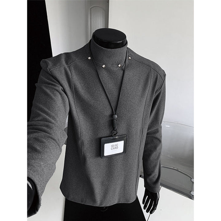 Men's Rollneck Fine Knit Shirt with Metal Studs at the Collar and Slim Silhouette Mune Fashion