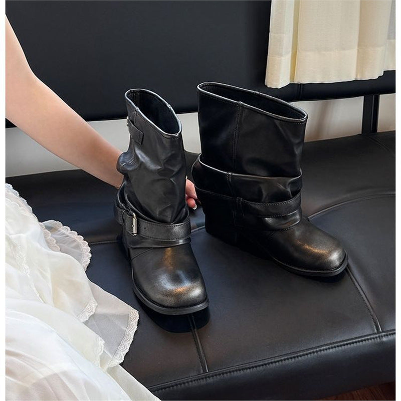 Women Slouch Biker Boots with Gathered Shaft, Decorative Buckle and Flat Profile Heel Mune Fashion