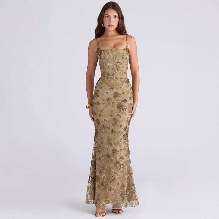 Ladies elegant embroidered evening dress with corset top and transparent lace overlay Mune Fashion