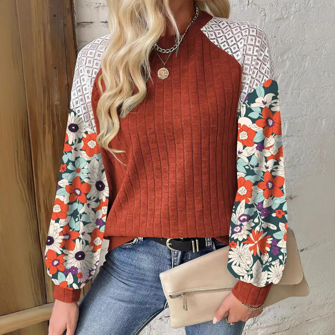 Women's pullover with ribbed structure, crochet raglan and floral balloon sleeves Mune Fashion