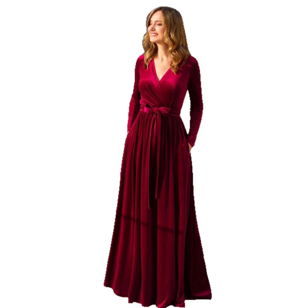 Women's elegant wrap maxi dress made of velvet with V-neck, waist belt, and side pockets Mune Fashion