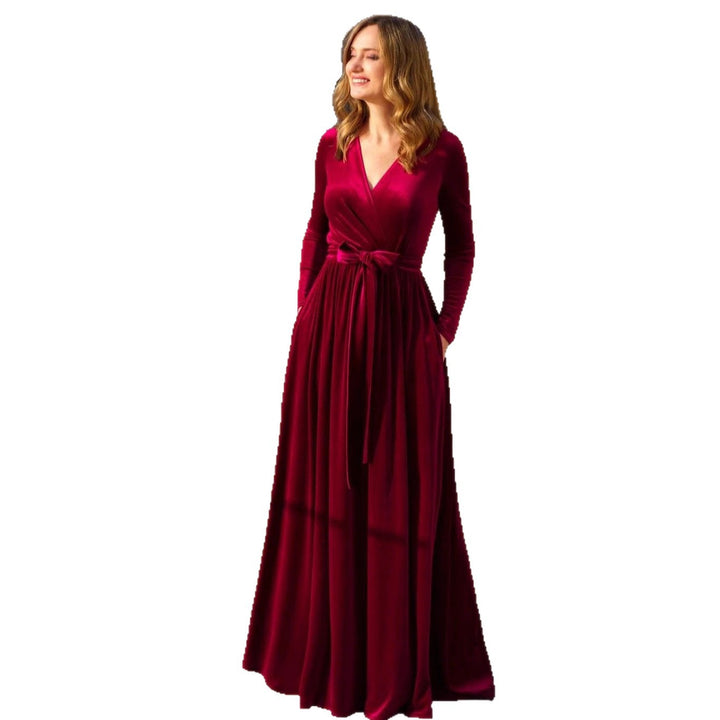 Women's elegant wrap maxi dress made of velvet with V-neck, waist belt, and side pockets Mune Fashion
