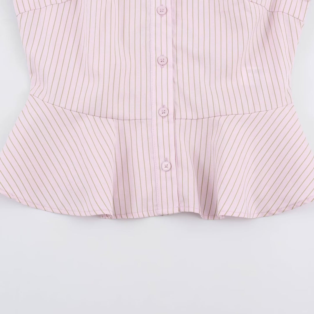 Women's Tailored Short Sleeve Blouse with Peplum, Shirt Collar and Fine Pinstripe Mune Fashion