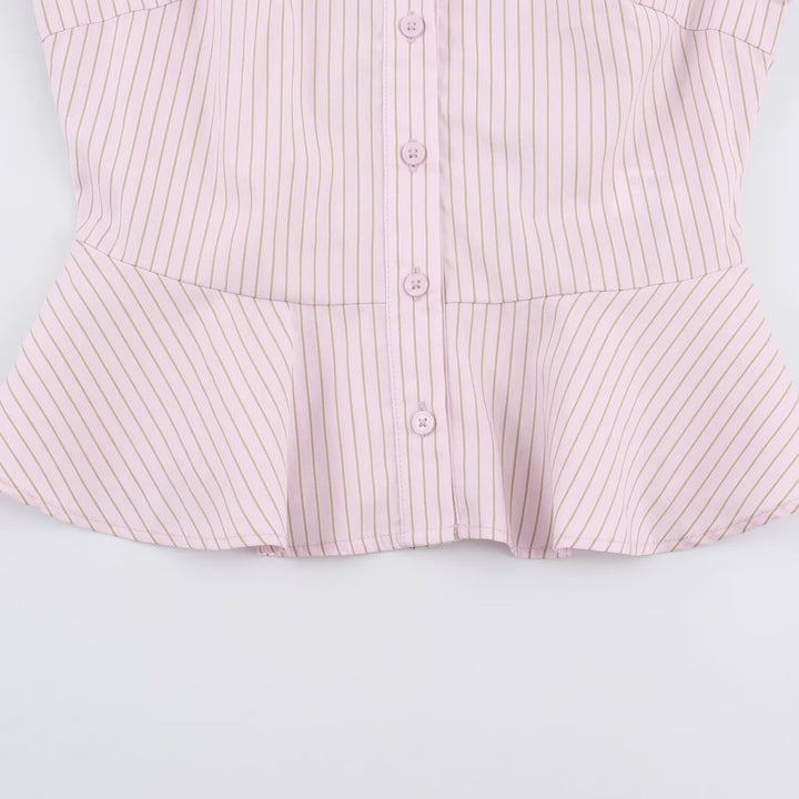 Women's Tailored Short Sleeve Blouse with Peplum, Shirt Collar and Fine Pinstripe Mune Fashion
