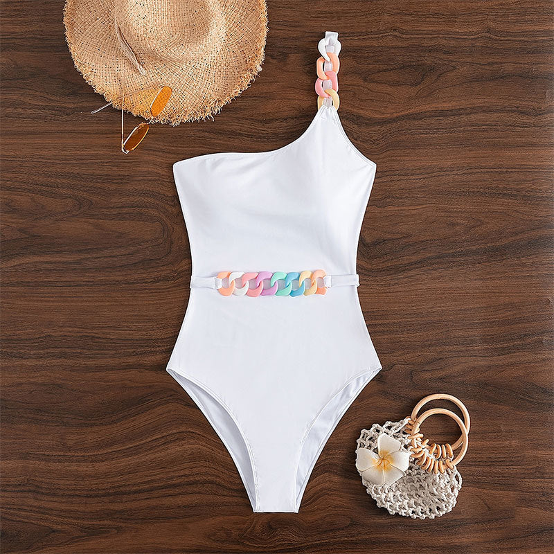 Women One-Sided Swimsuit with Decorative Chain Belt Mune Fashion