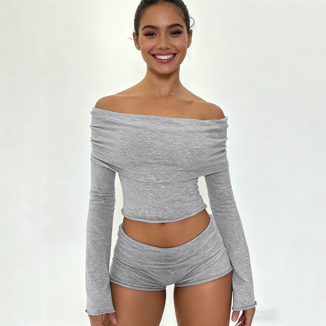 Women's Off-Shoulder Lounge Set with Long Sleeve Crop Top and High Waist Shorts made of Stretch Jersey Mune Fashion