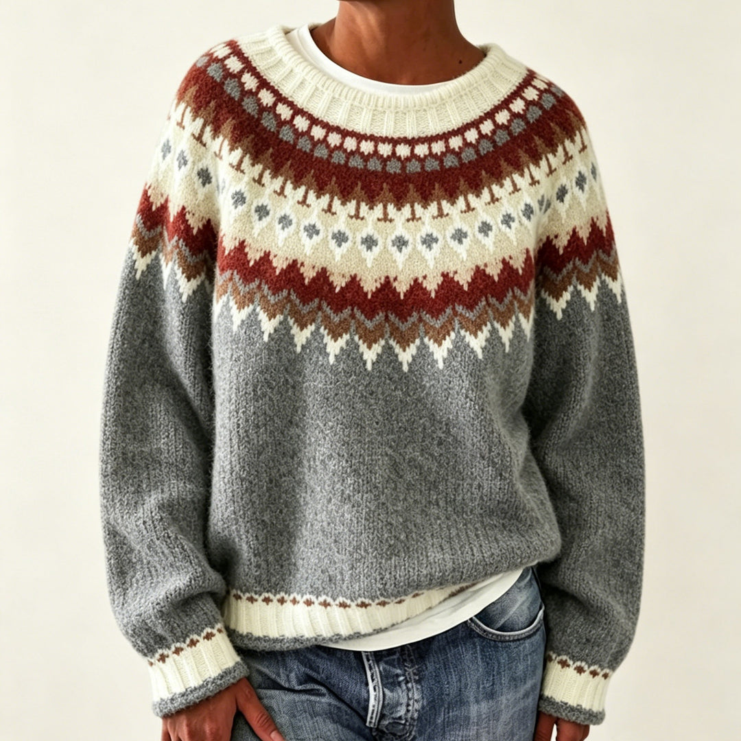 Women Round Neck Norwegian Sweater with Fair Isle Jacquard Mune Fashion